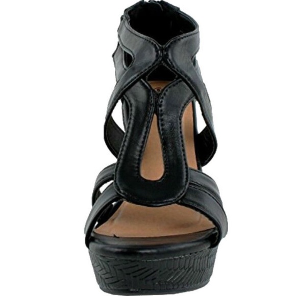 Black faux leather strappy high wedges size 10 - Picture 2 of 2